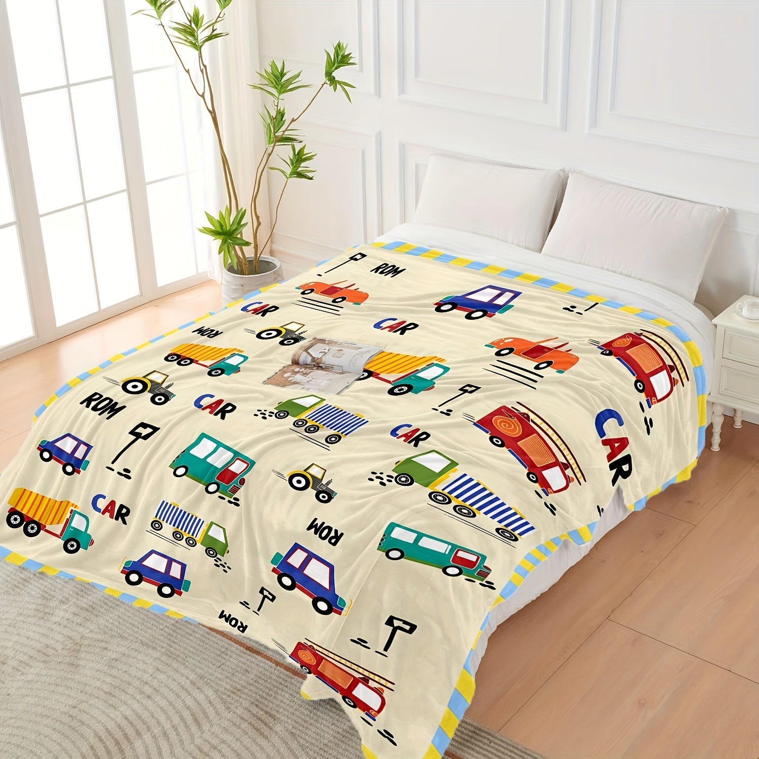 Kids Cartoon Car and Truck Print Flannel Wearable Blanket Soft Warm Tear-Resistant