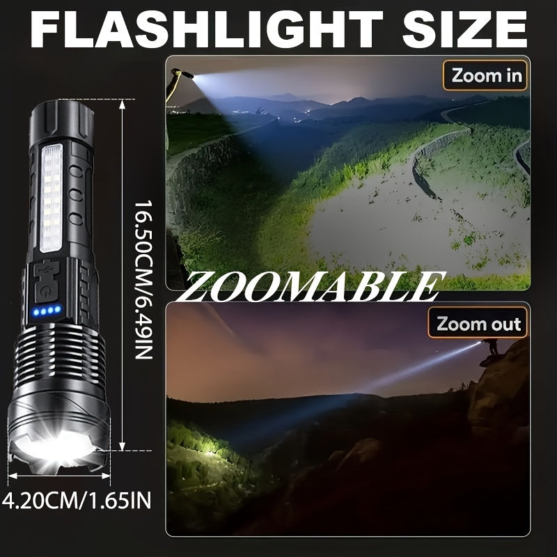 Portable Camping Flashlight USB Rechargeable LED Handheld Torch with Red-Blue Warning Light