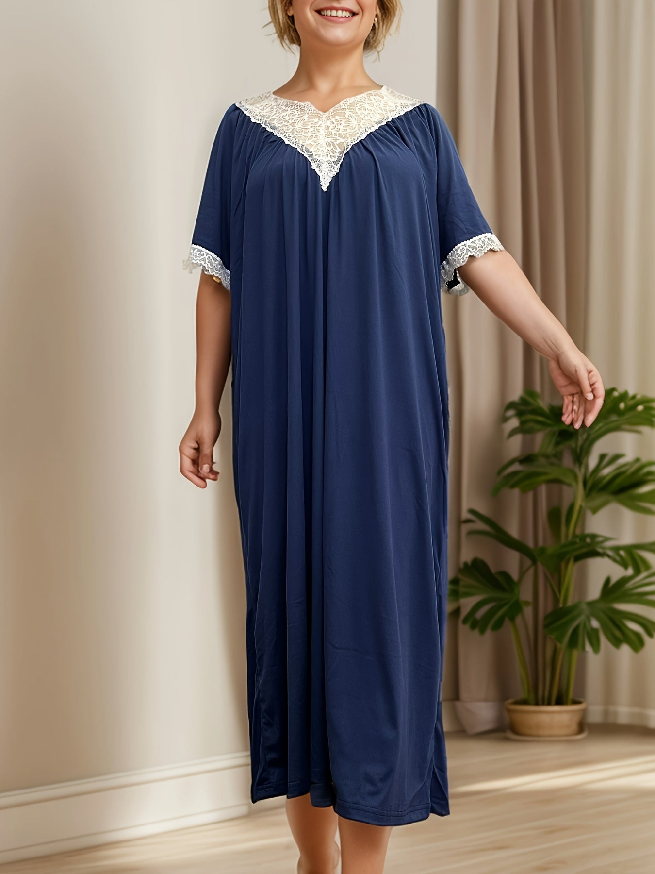 Plus Size Women Lace Trim Short Sleeve Nightgown Soft Stretchy Fabric All-Season Sleepwear