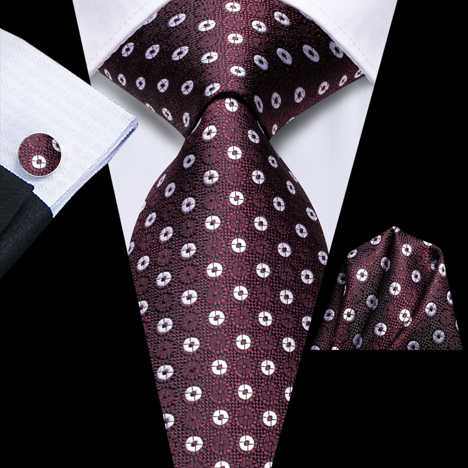 Men's Accessories Set Polka Dot Necktie Pocket Square Cufflinks Gift