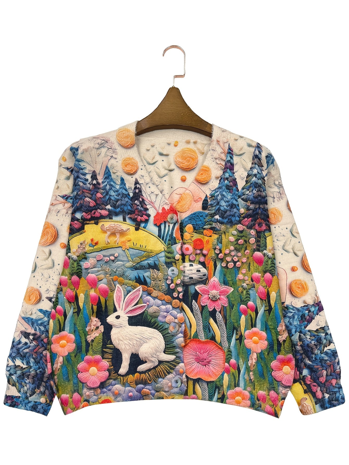 Plus Size Knitted Effect Cardigan with Rabbit Design V-Neck Long Sleeve