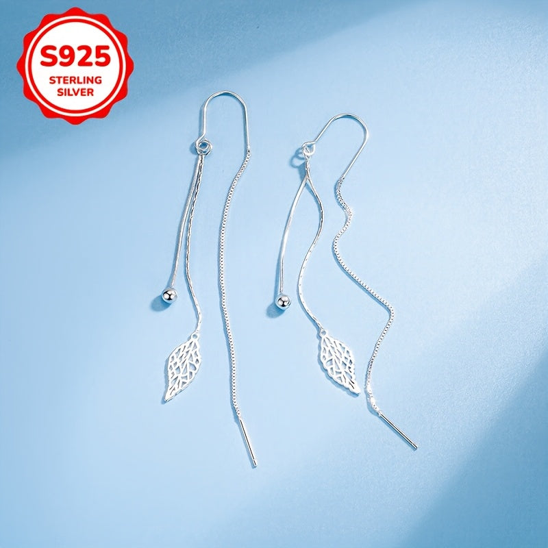 Women's Silver Earrings with Tassels and Hollow Leaf Design for Everyday Wear
