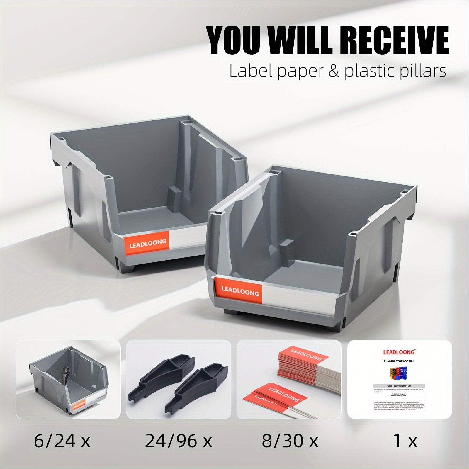 Set of 6 Gray Plastic Storage Bins for Garage Tools and Car Accessories 13.5x10.5x7.6cm