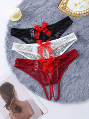 Women's Lace Thongs with Bows and Open Holes for Breathable Comfort