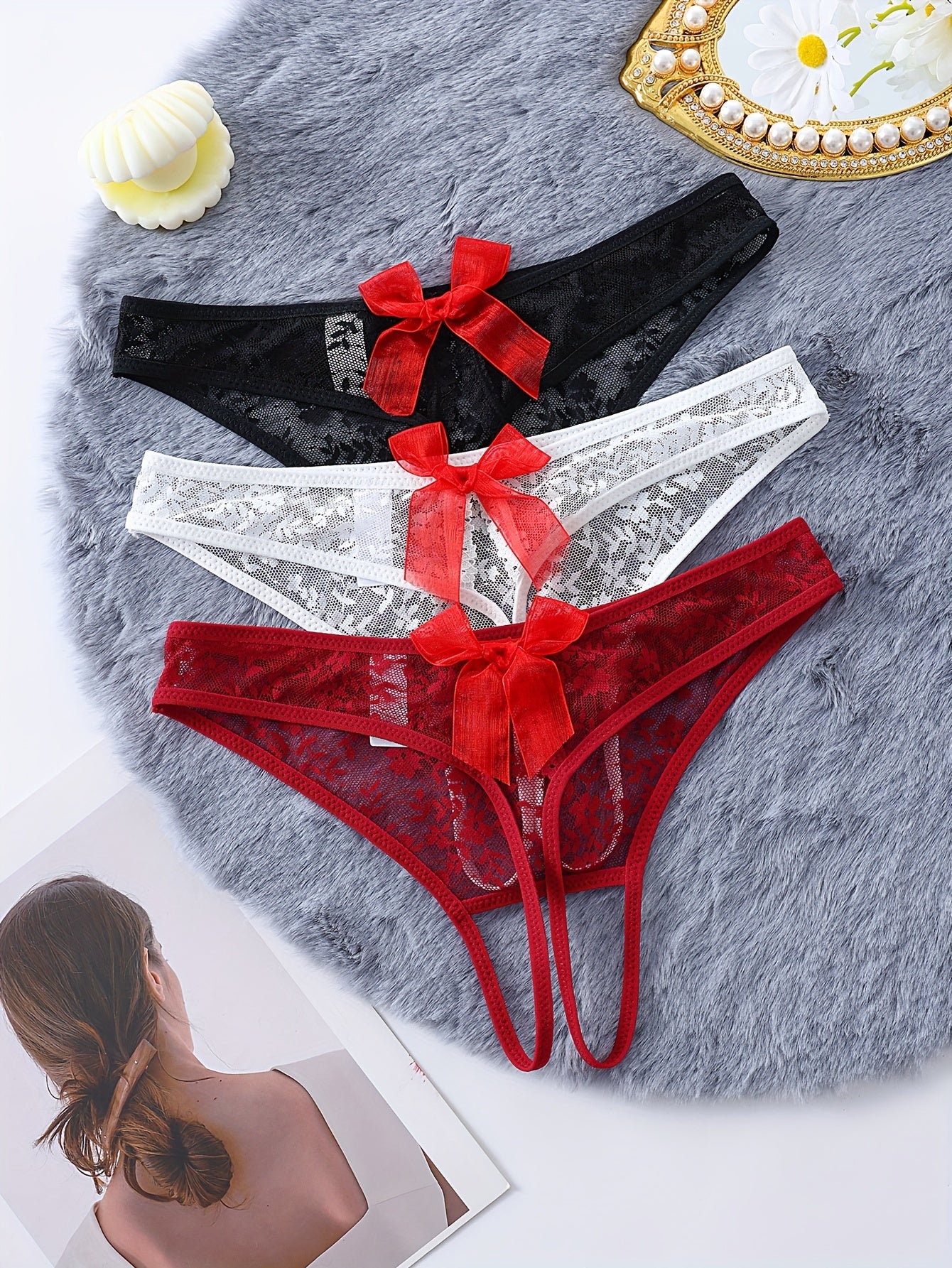 Women's Lace Thongs with Bows and Open Holes for Breathable Comfort