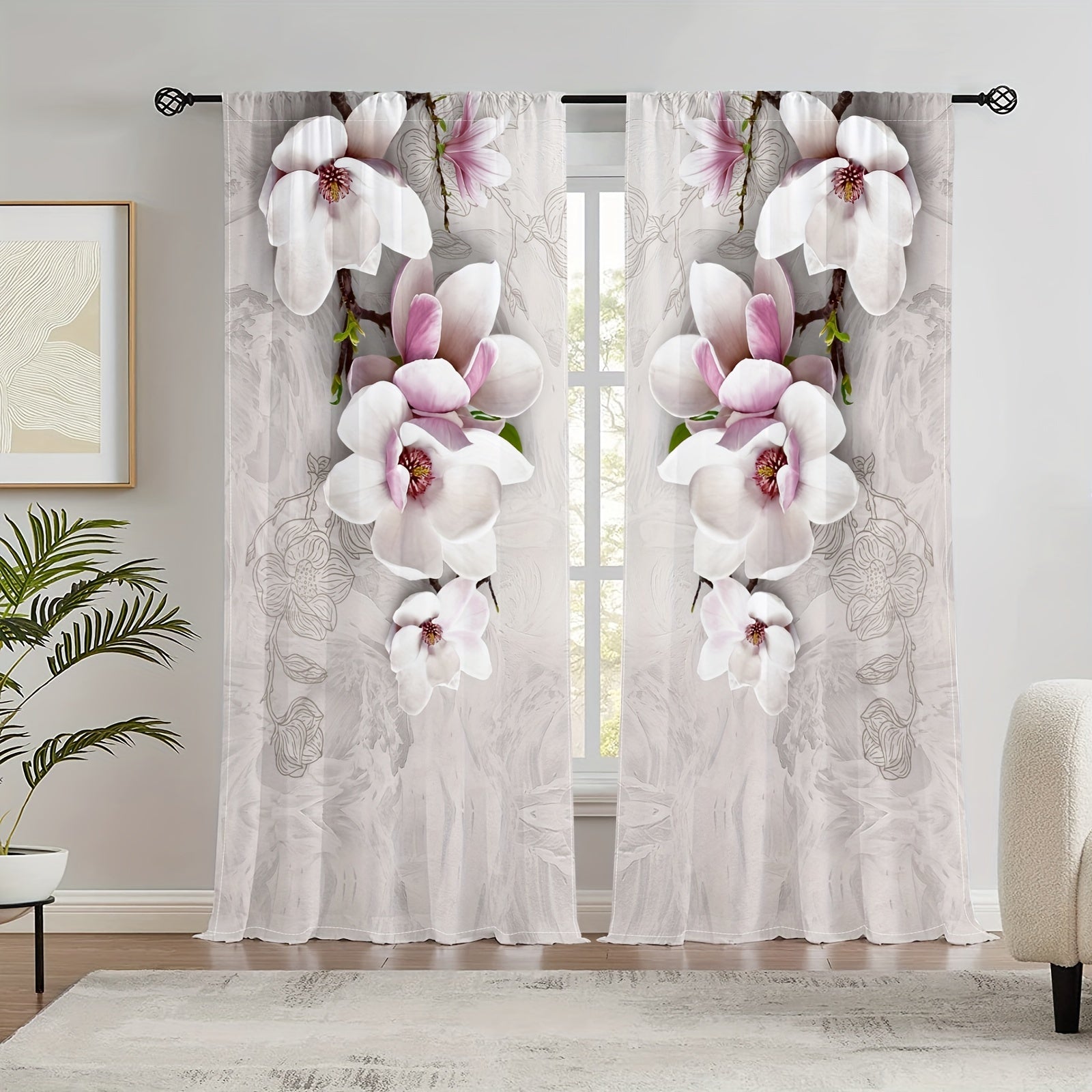 Set of 2 Magnolia Patterned Semi-Blackout Curtains with Rod Pocket for Bedroom Living Room Kitchen