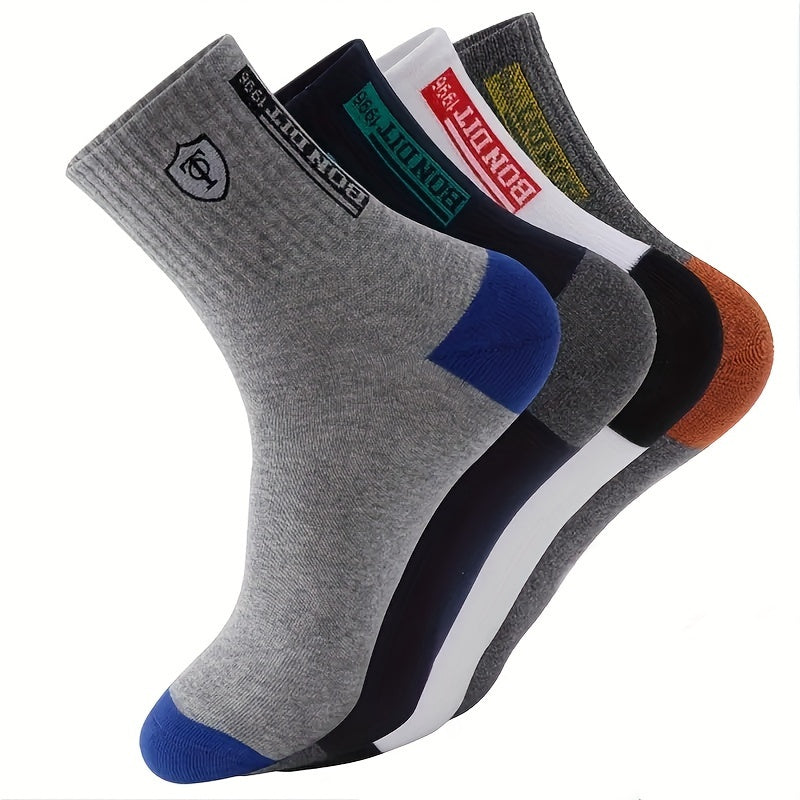 Men's Crew Socks Pack of 5 Soft Durable Ribbed Cuffs Black Blue Shield Design
