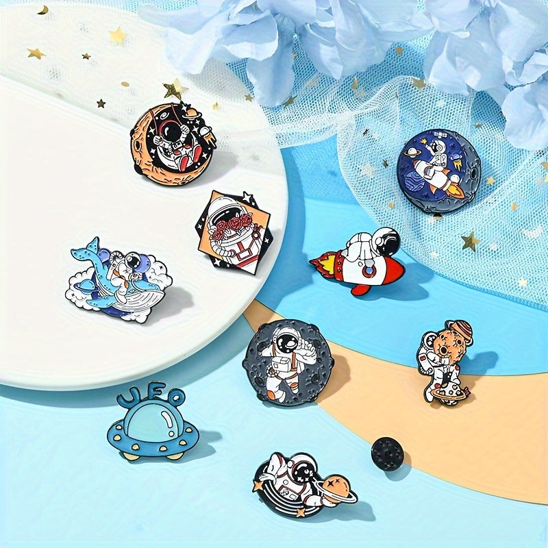 9 ta kosmik mavzudagi astronavt emal pinlari, sumkalar, shapka, kurtka uchun alloy broshlar to'plami