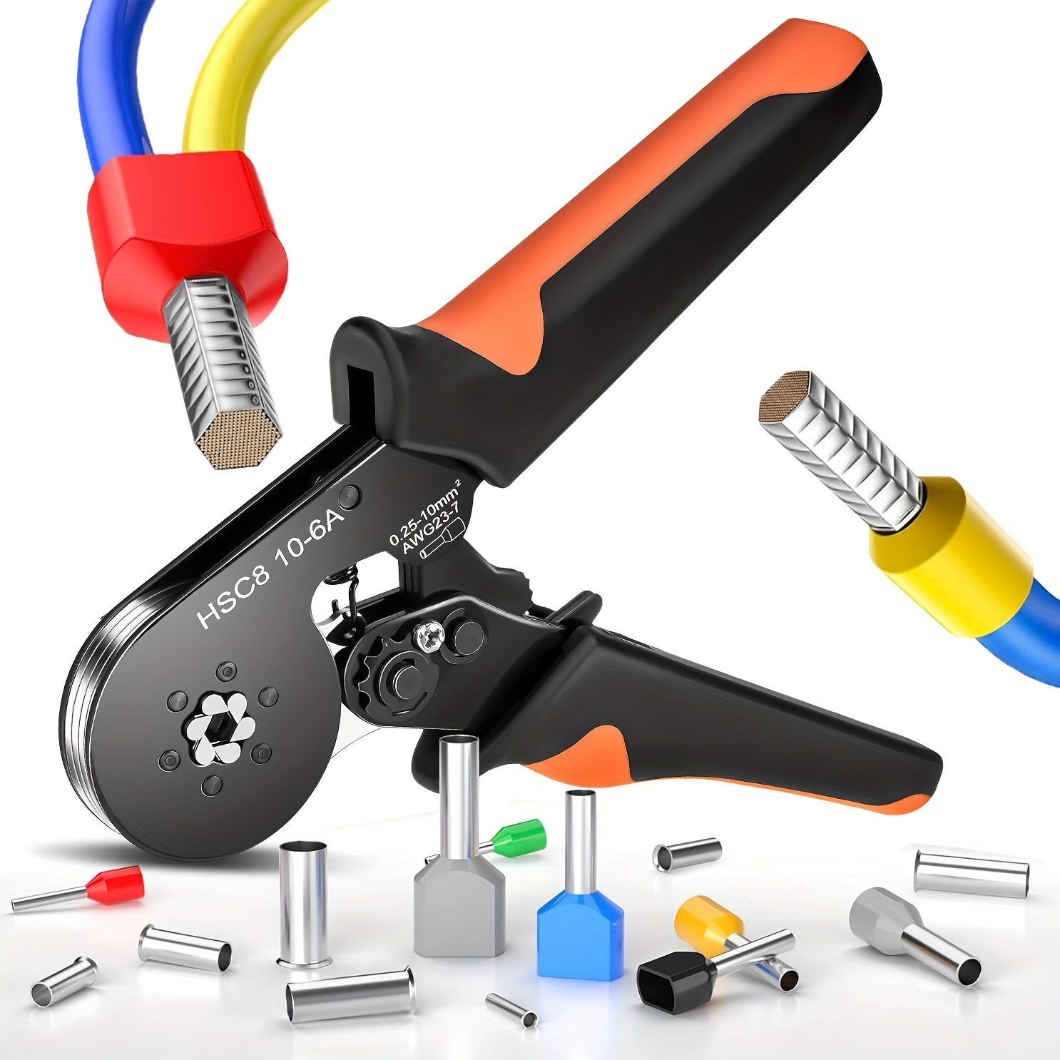 SANJIANG HSC8 10-6A Simni Qisqartirish Asboblari To'plami, Uglerod Po'latidan Yasalgan Tutqich, 1200TA VE Terminal Assortimenti To'plami, Sovuq Press Sim Ulanishlari uchun Oltita Qisqartirish.