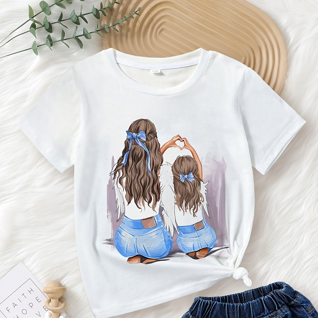 Girls' Summer Cartoon Portrait Knit T-Shirt with Crew Neck and Short Sleeves