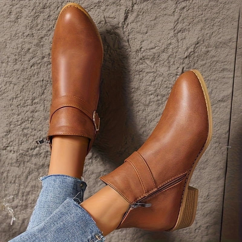 Women Ankle Zipper Boots Black Pointed Toe Low Heel All-Season Durable Rubber