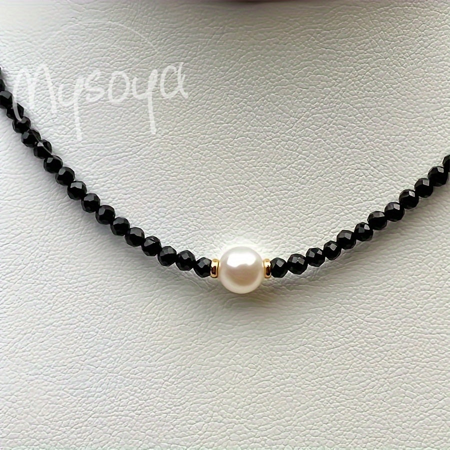 Collar de ónix negro y perla de agua dulce para mujer, joyería elegante, regalo