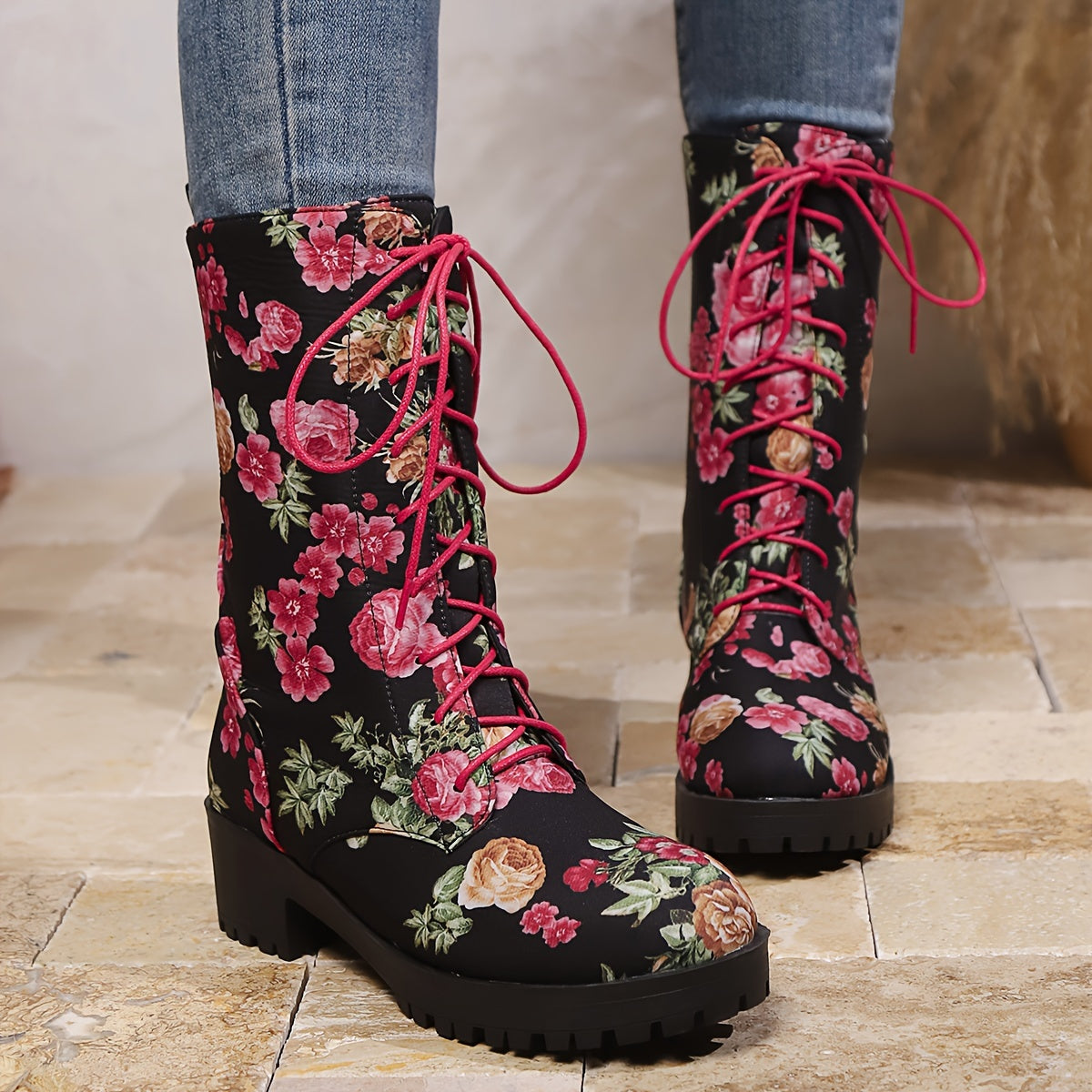 Women's Plus Size Floral Print Riding Boots Black Pink Red All-Season