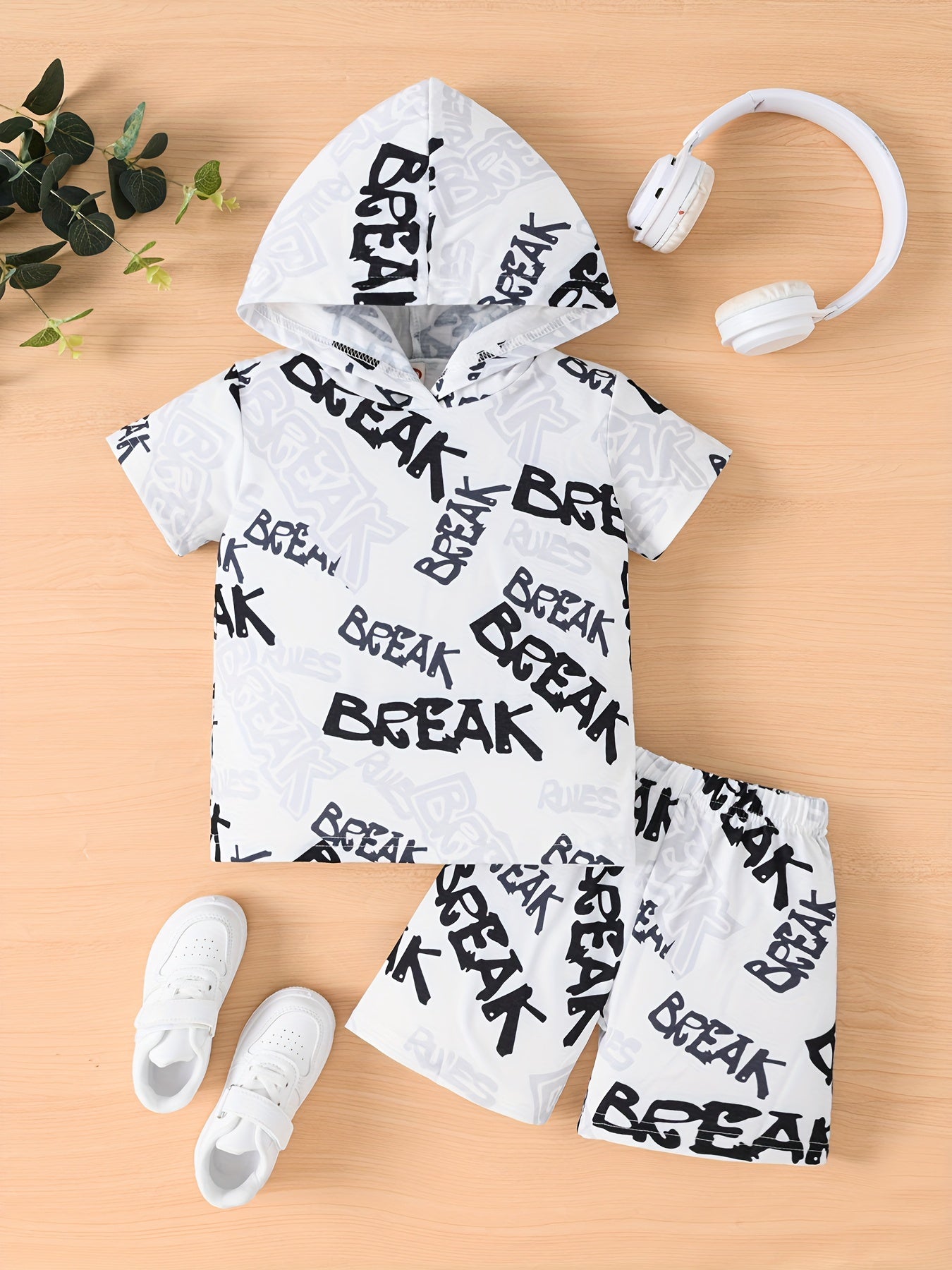 Boys Casual Two-Piece Set Hooded T-Shirt and Shorts Alphabet Print Spring Summer