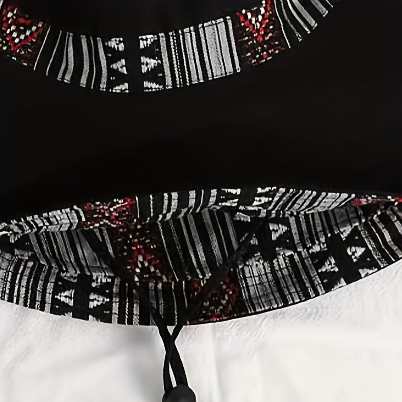 Ayollar uchun qora ko'k rangda geometrik naqsh va ko'p rangli aksessuarlar bilan keng brimli reversiv paxta qopqoq. Sayohat va ochiq havoda faoliyatlar uchun juda yaxshi. UV himoyasini ta'minlaydi va