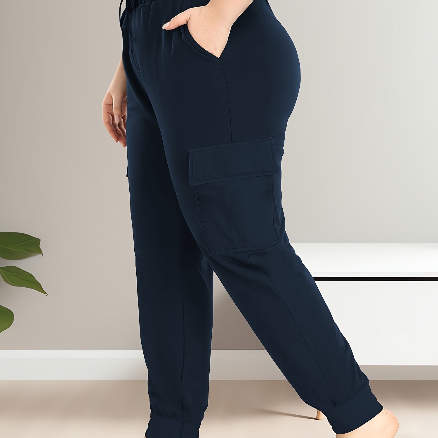 Pantalones cargo de talle alto para tallas grandes con bolsillos, poliéster elástico, cómodos