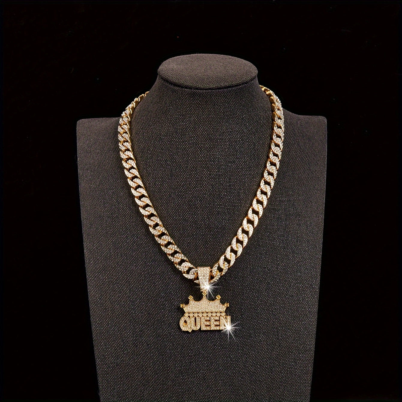 Women's Cuban Link Chain Necklace with Crown Queen Pendant Rhinestones Hip Hop Style