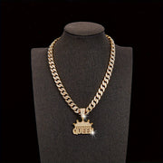 Women's Cuban Link Chain Necklace with Crown Queen Pendant Rhinestones Hip Hop Style
