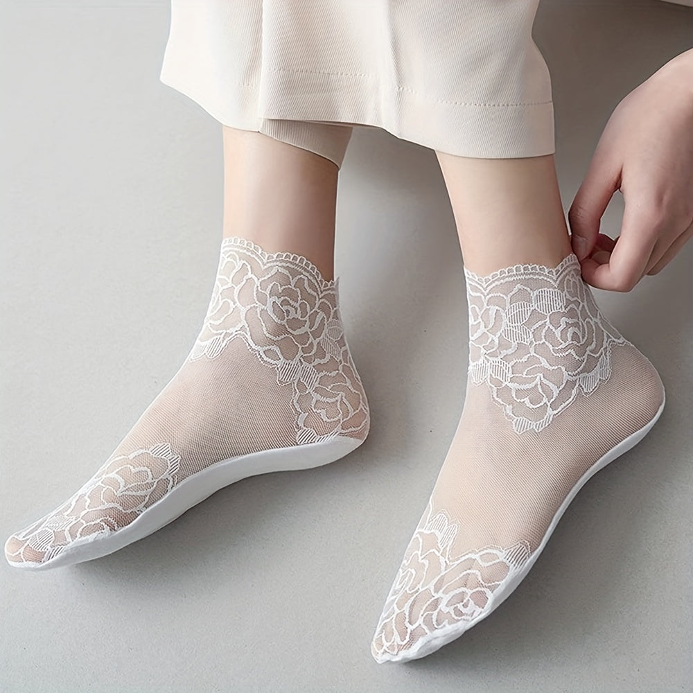 Women's Invisible Socks 5 Pairs Geometric Lace Floral Trim Polyester Spandex