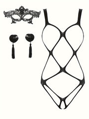 Women's Lingerie Set Bodysuit with Nipple Pads and Eye Mask Nylon Solid Color Hollow Detail