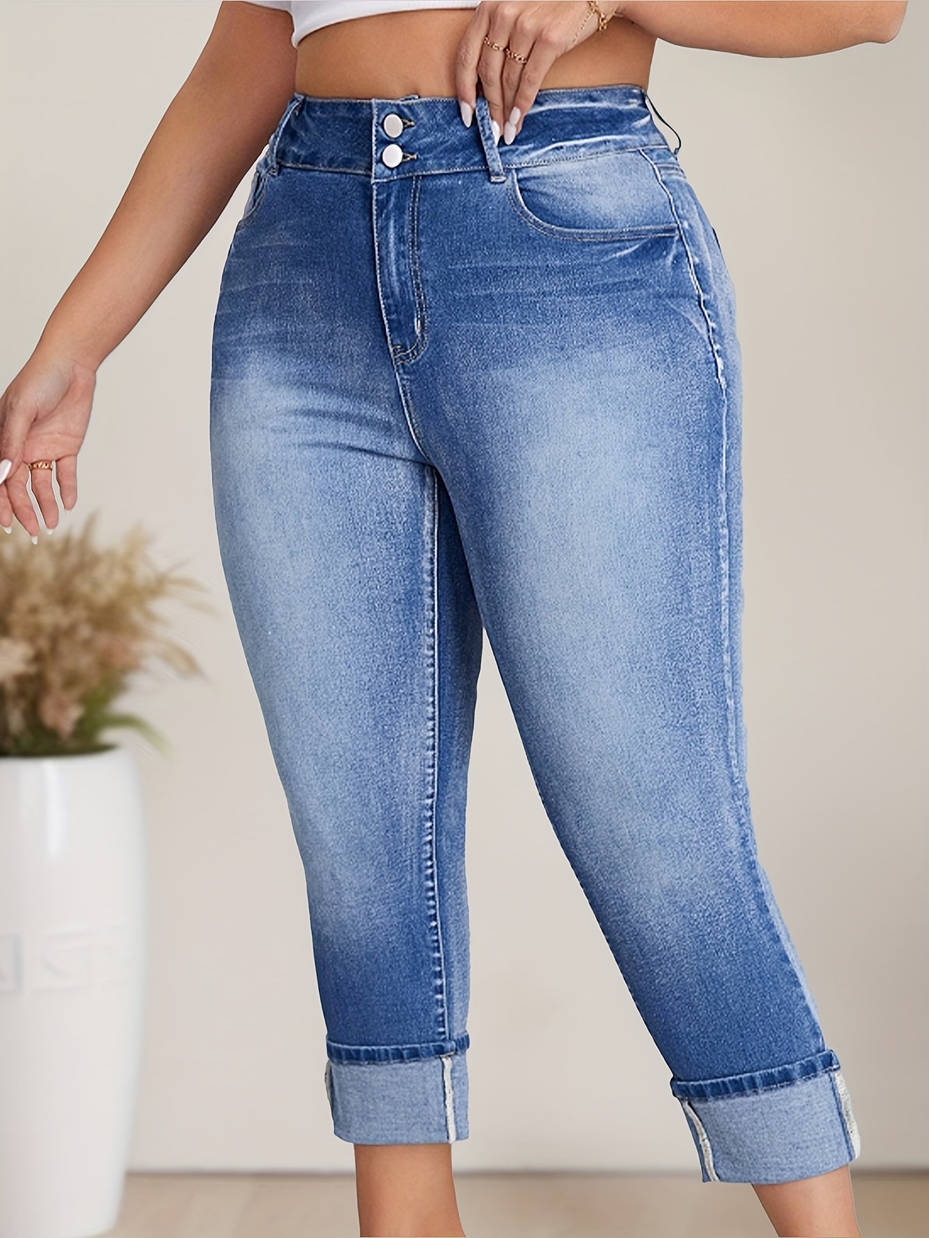 Women's Elastic High Waist Denim Seven-Eighth Pants Large Size