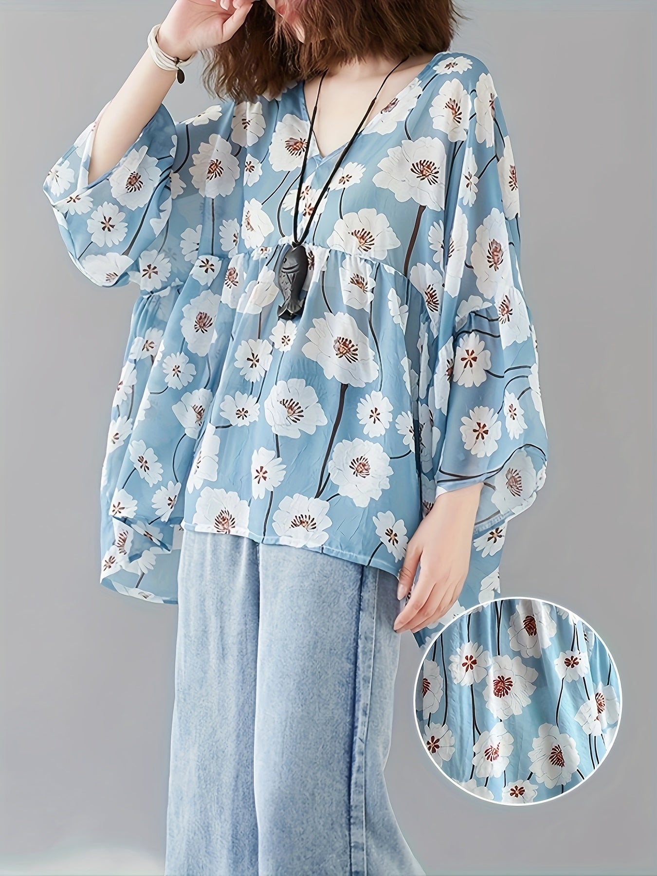 Plus Size Women's Floral Print Chiffon V-Neck T-Shirt Summer Top