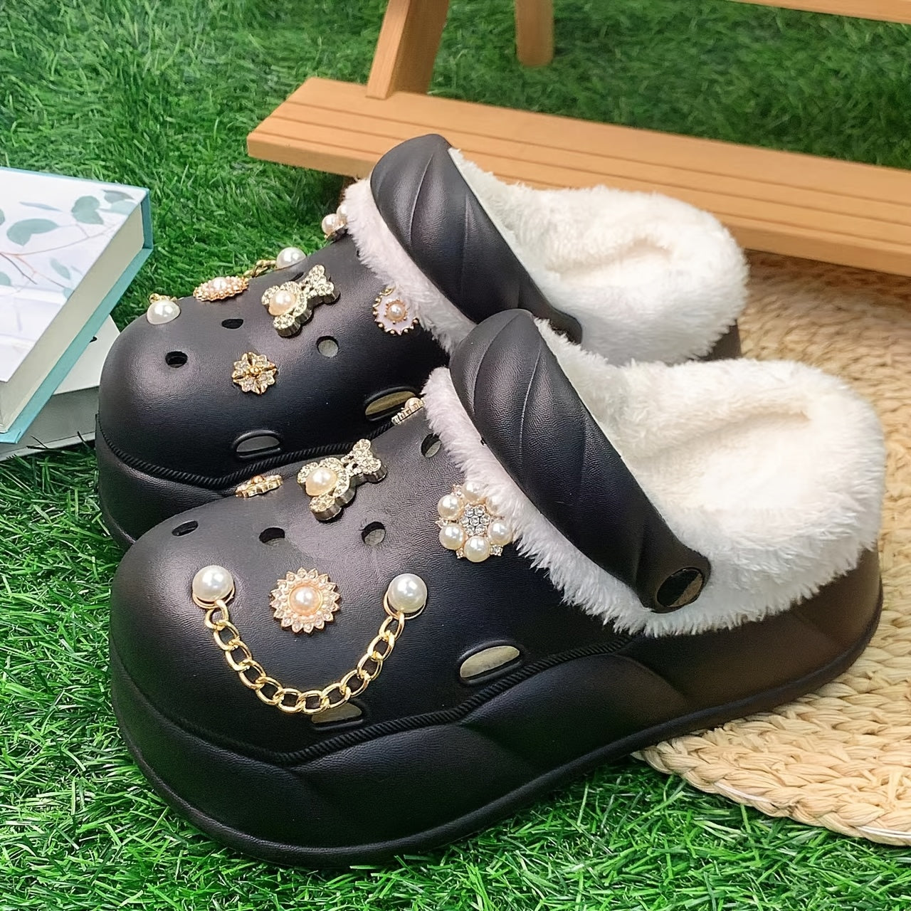 Women's Faux Fur-Lined EVA Slippers with Gold Bear and Floral Charms