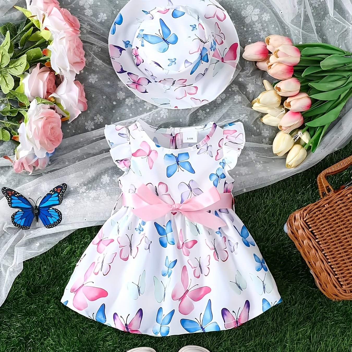Toddler Girls Butterfly Print Summer Dress with Flutter Sleeves and Matching Hat