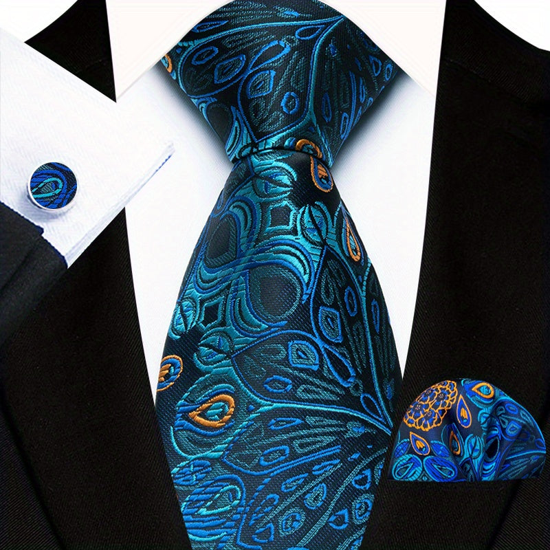 Men's Floral Plaid Necktie and Handkerchief Clip Set for Business and Weddings