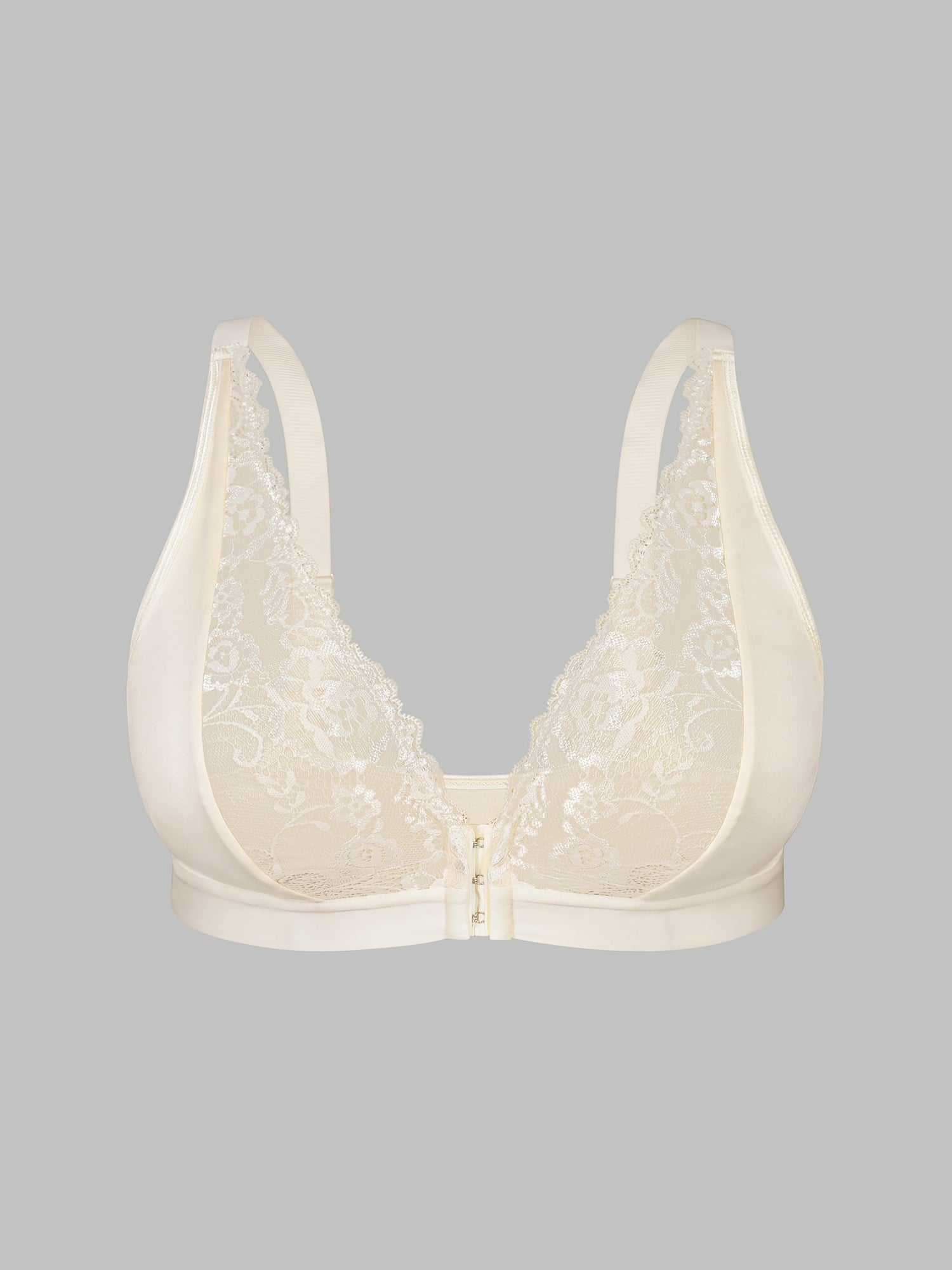 Sujetador de encaje con cierre frontal para tallas grandes de mujer con escote en V profundo, tirantes anchos, encaje en contraste, tela de punto de poliéster transpirable