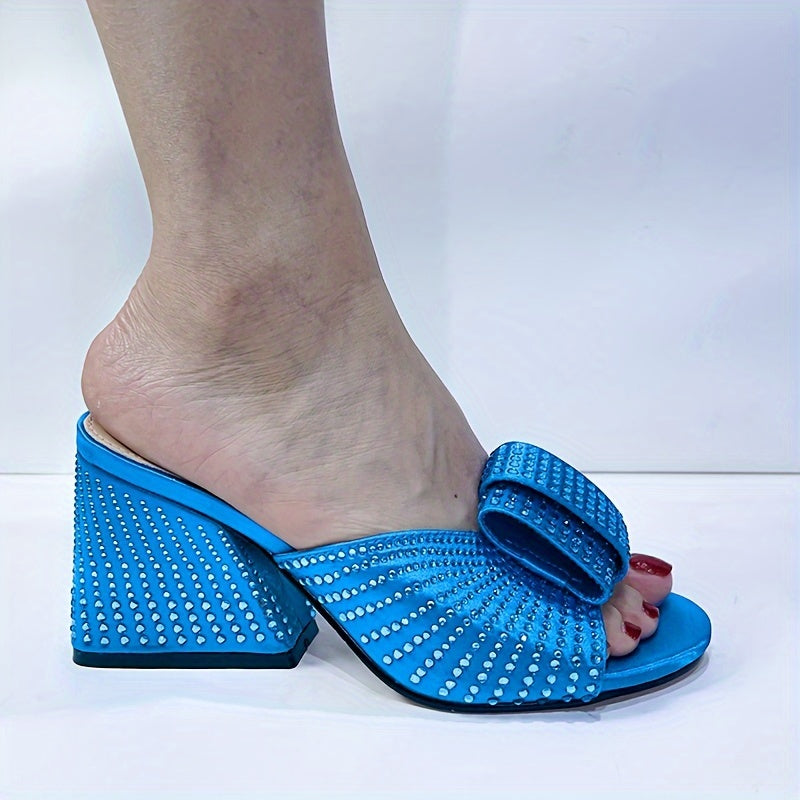 Women's Rhinestone-Embellished Chunky Heel Sandals with Bowknot for Summer Parties
