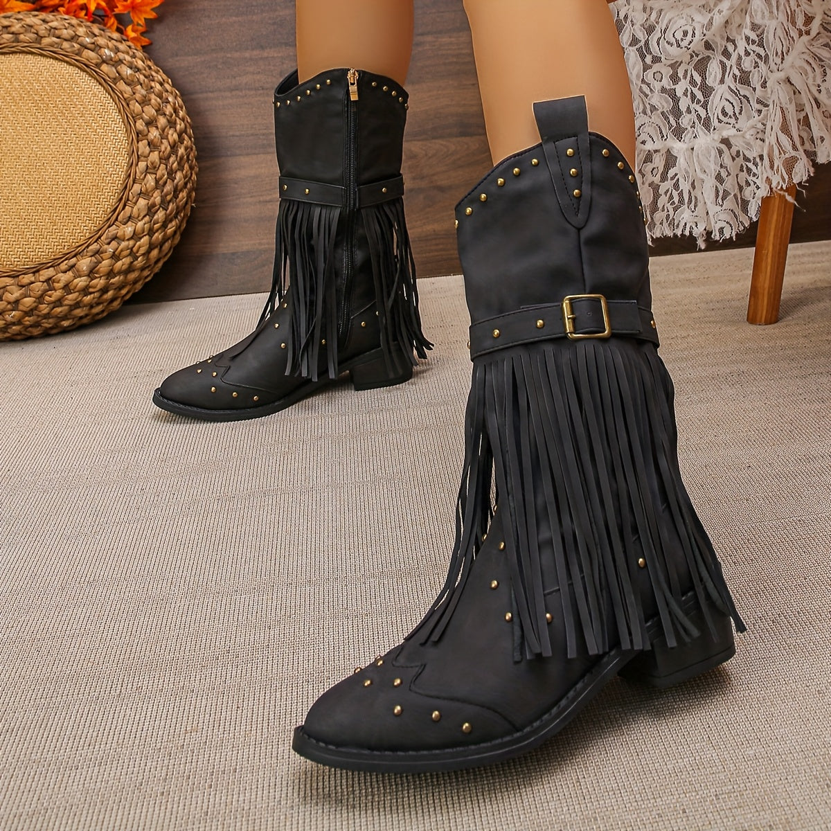 Women's Fashion Boots with PU Cover Chunky Heel Round Toe Treaded Decorations