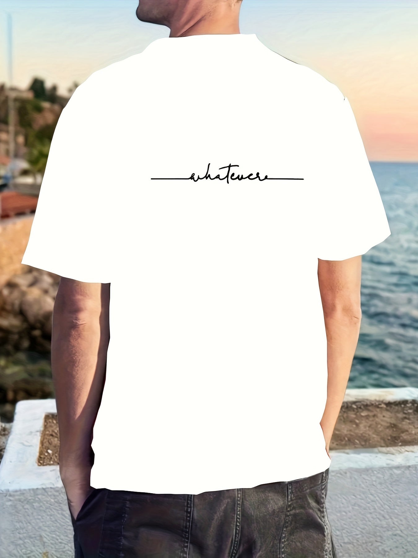 Camiseta casual de verano para hombre, mezcla de poliéster, cuello redondo, punto elástico, estampado aleatorio