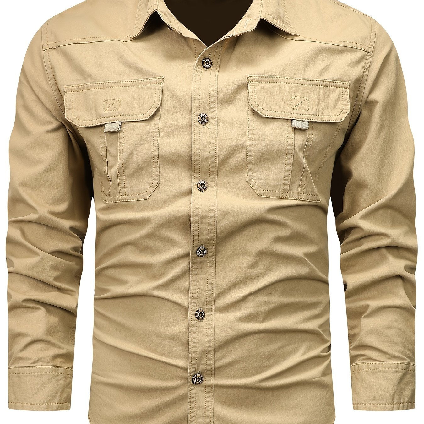 Men's Cotton Cargo Shirt Long Sleeve Casual Outdoor Wear with Large Pockets