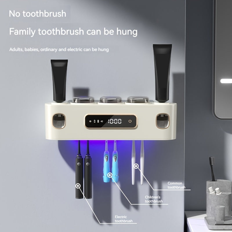 Black Wall-Mounted USB Rechargeable Smart Toothbrush Holder with Double Toothpaste Dispenser