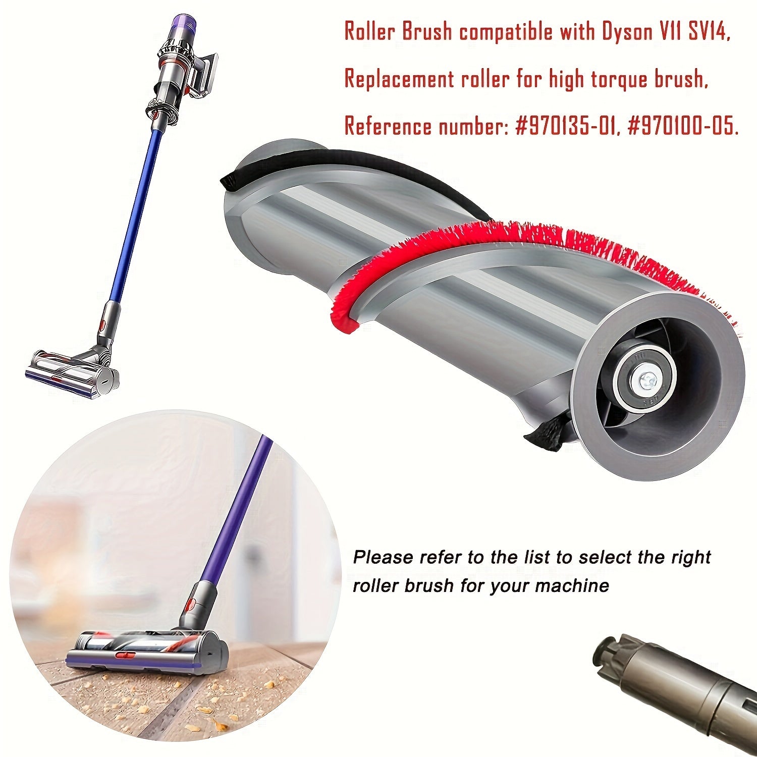 Qurilmali changyutgich uchun bardoshli rulonli cho'tka, qizil sochlar, qora asos