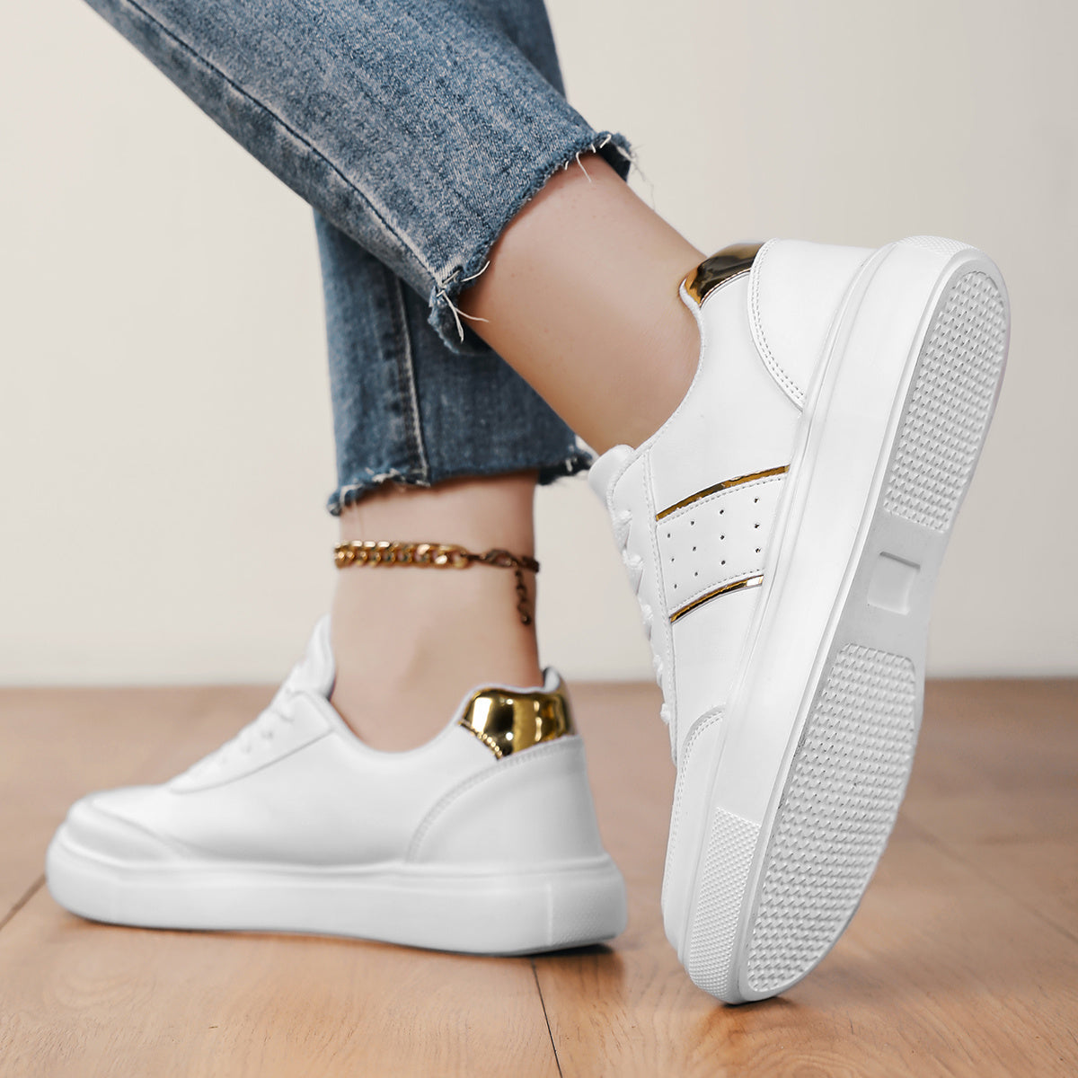 Women’s Casual Sneakers White with Gold Accents Comfortable Lace-Up Shoes