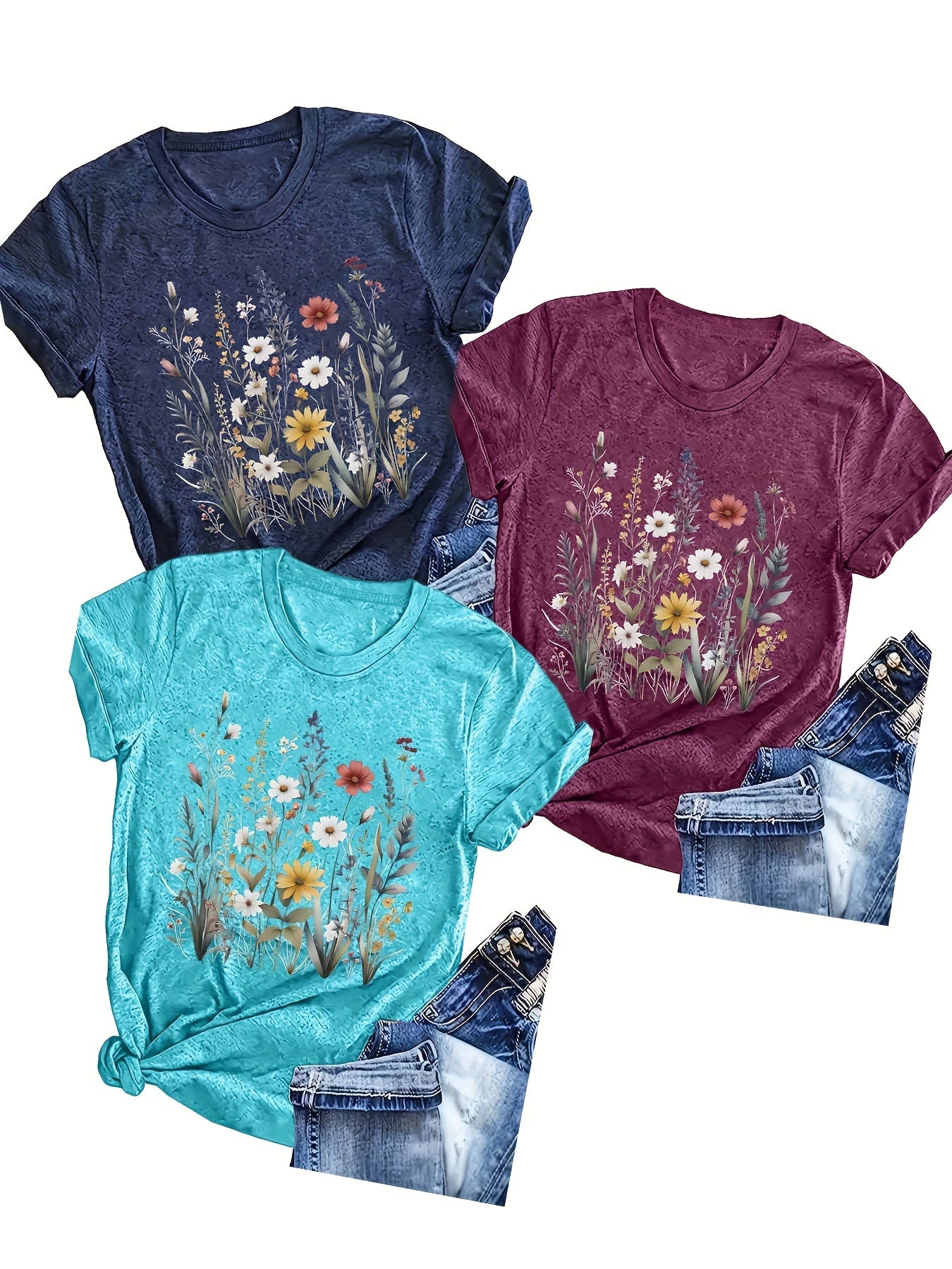 Camisetas casuales de manga corta para mujer con estampado floral, azul marino y teal, transpirables, pack de 3