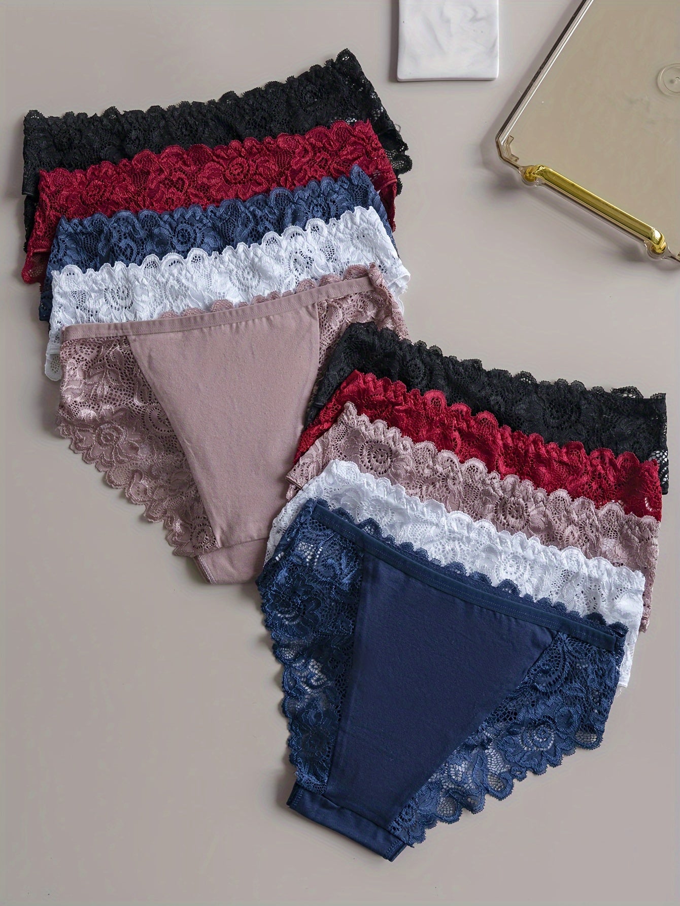 Pack de 10 braguitas de encaje floral para mujer con 5% de elastano, braguitas de tiro medio semi-translúcidas