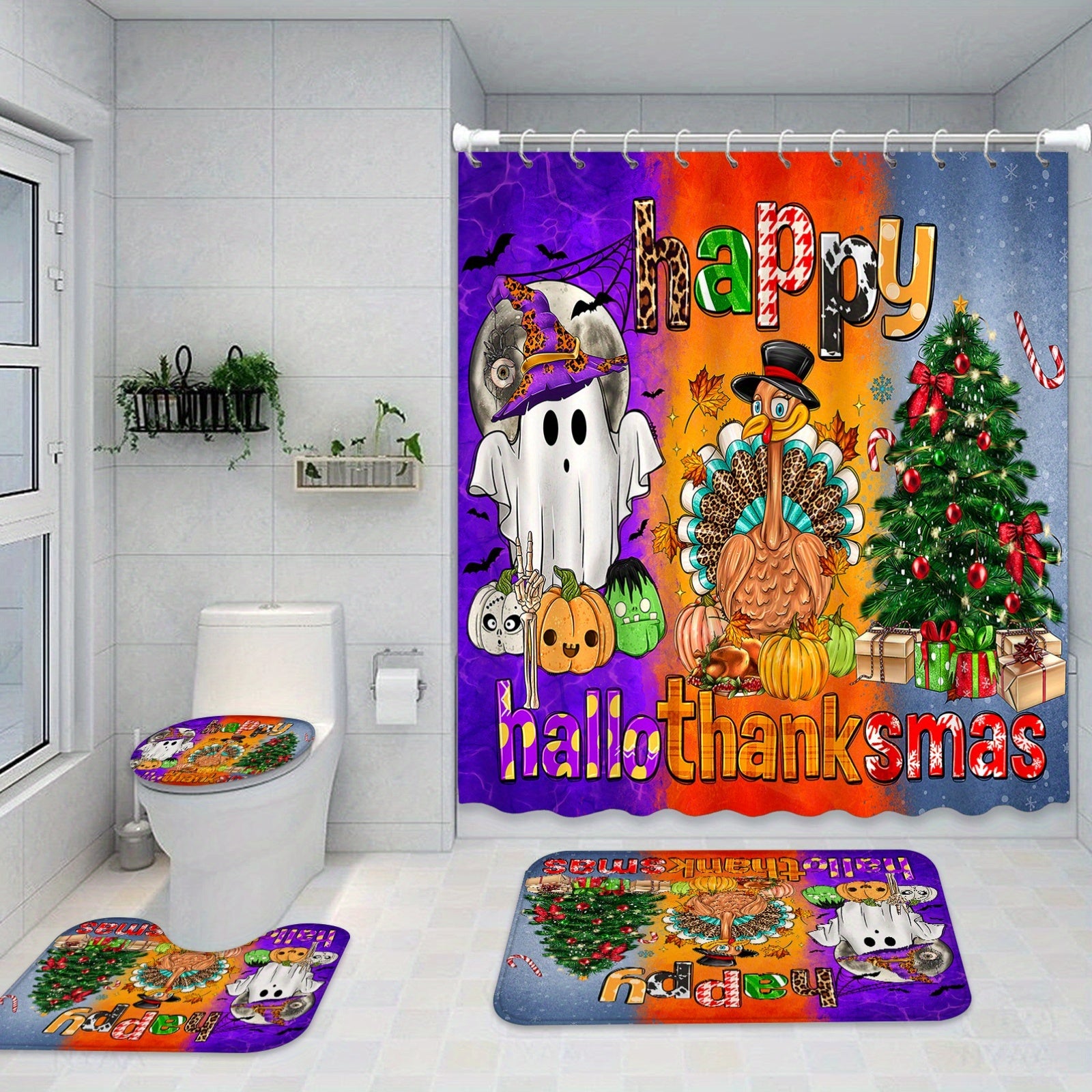 Halloween Bathroom Decor Set with Shower Curtain Rugs and Accessories Waterproof Polyester