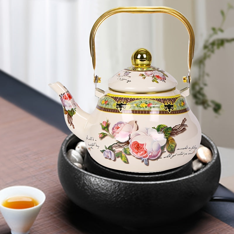 Vintage Enamel Tea Kettle with Gold-Plated Steel Handle 1100W Non-Electric Water Boiler