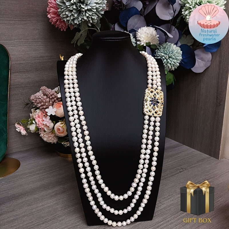 Women's Freshwater Pearl Necklace Multi-Strand Elegant Jewelry Gift Box