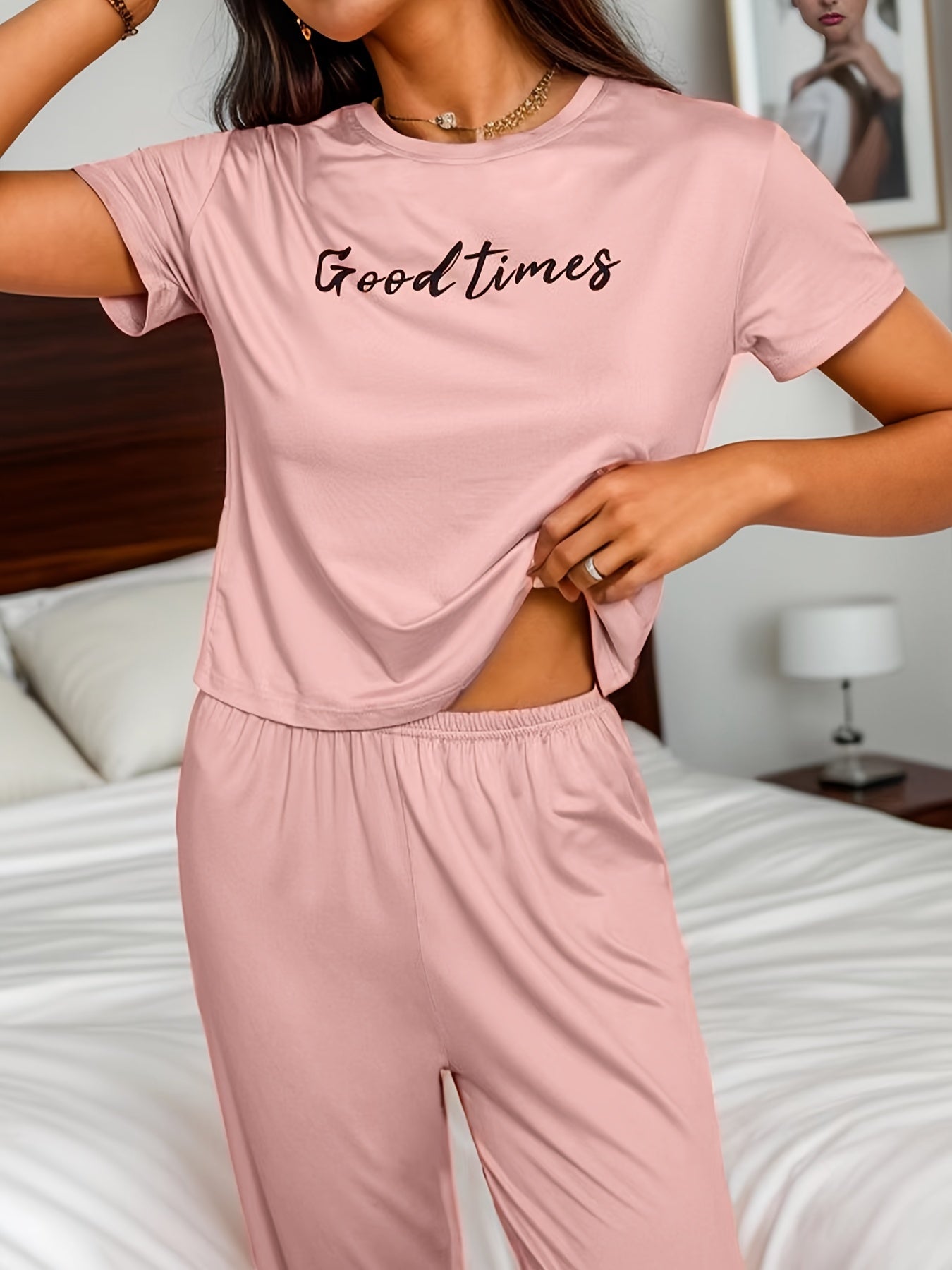 Conjunto de pijama para mujer con estampado de letras, manga corta, cuello redondo y pantalones para primavera y verano