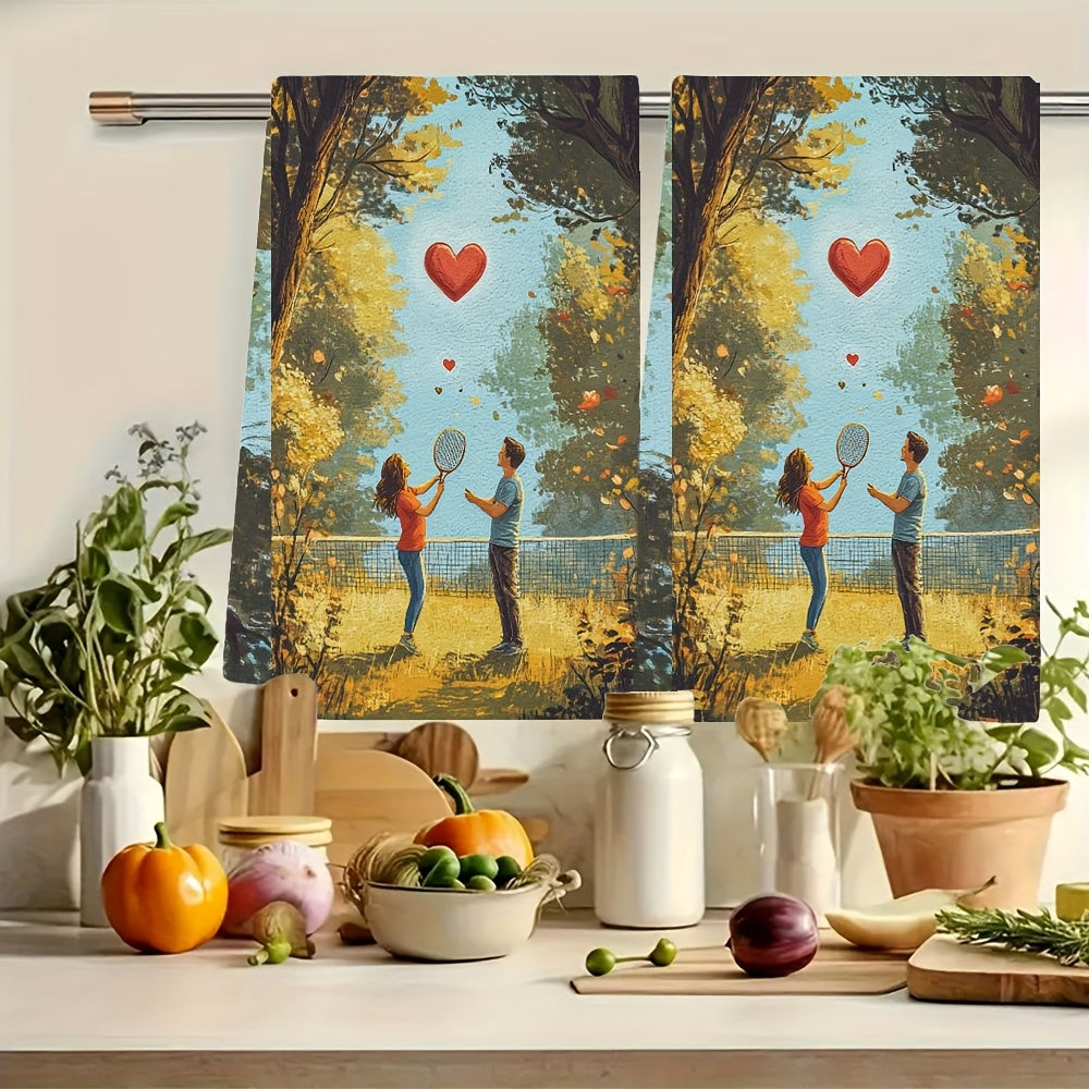 Ultra-Soft Kitchen Towels Absorbent Dish Towels with Park Couple Playing Badminton