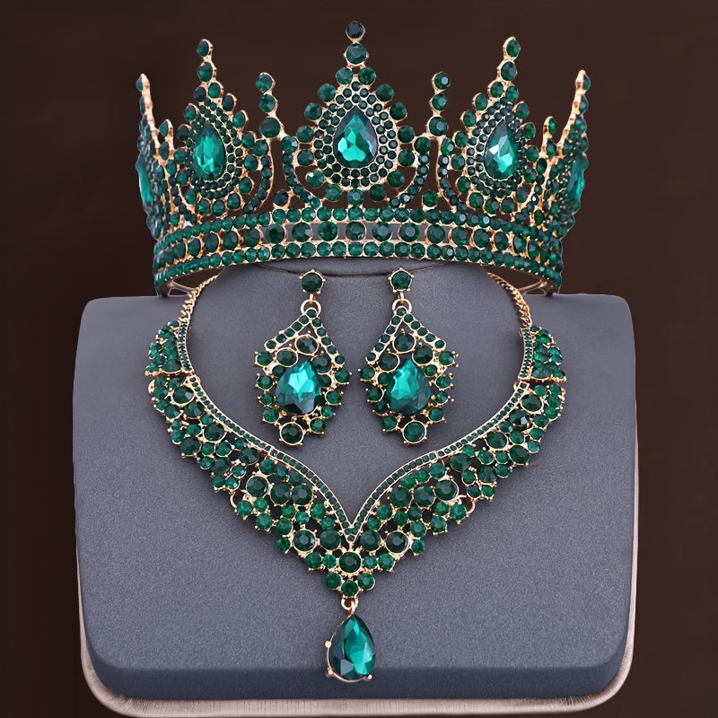 European Style Bridal Rhinestone Hair Accessories Set with Crown Necklace and Earrings