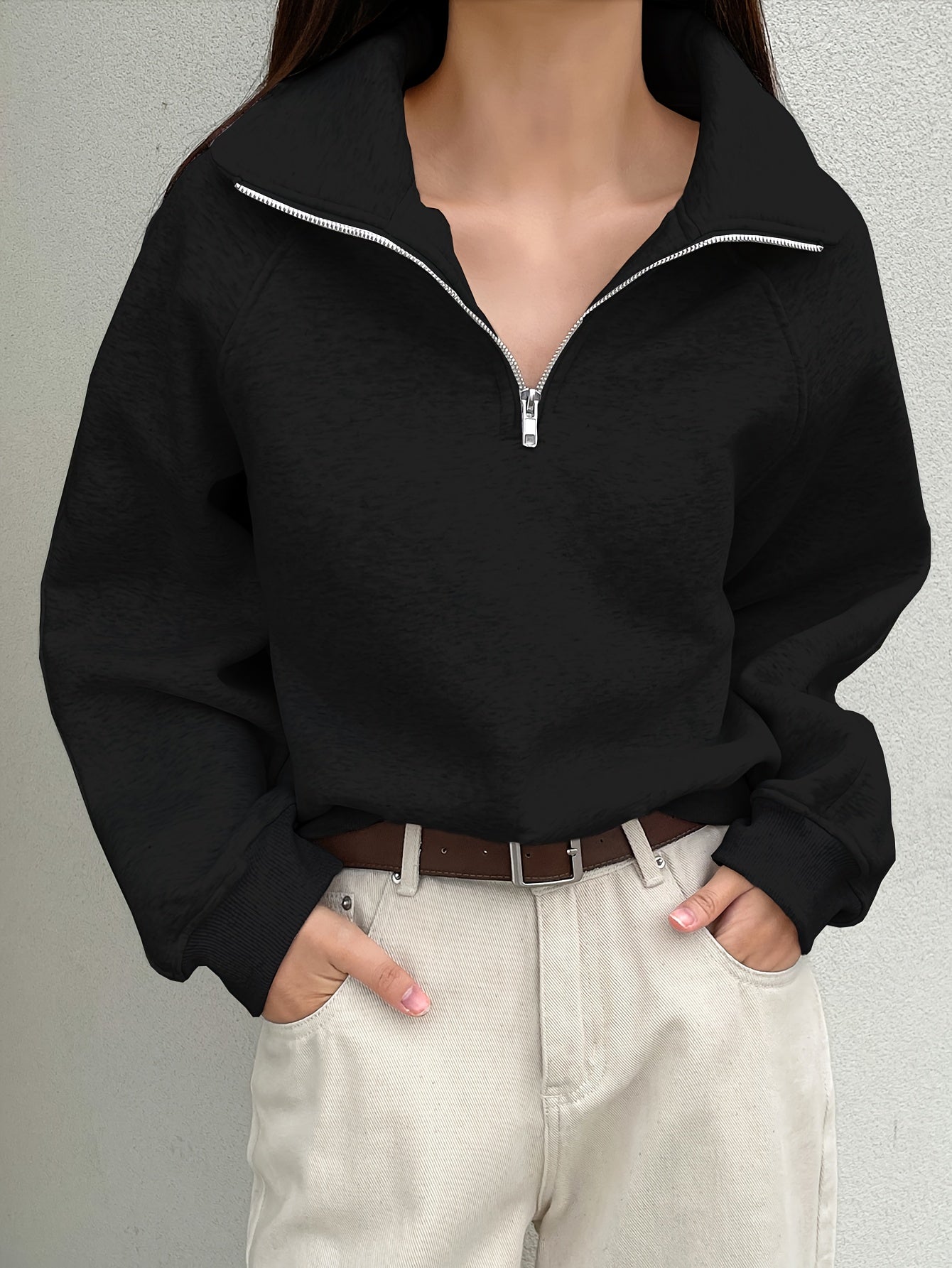 Women's Fleece-Lined Sweatshirt with Half-Zip Collar Raglan Sleeves Fall Winter