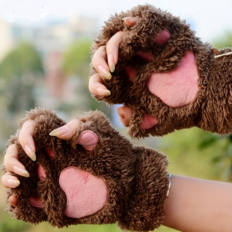 Cute Cat Claw Plush Gloves for Women Warm Fuzzy Half Finger Autumn Winter