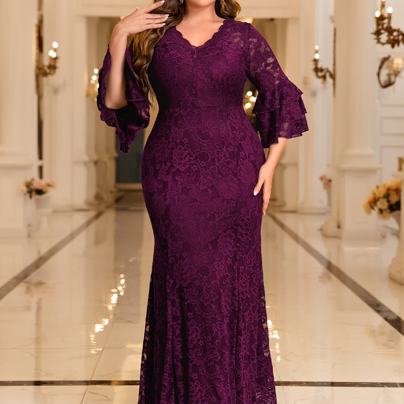 Plus Size Women’s Elegant V-Neck Long Evening Gown with Bell Sleeves