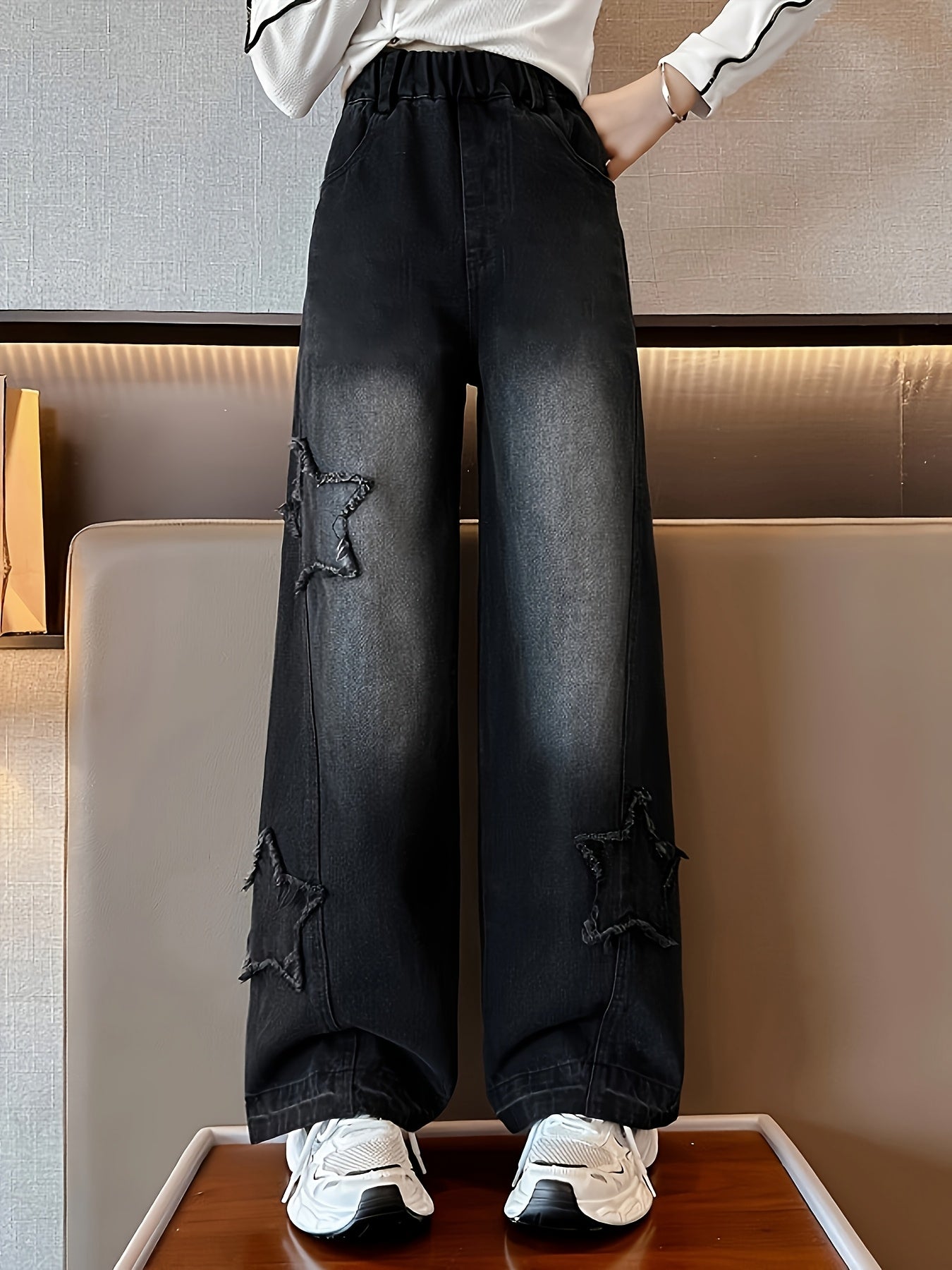 Детские широкие джинсы с звездным дизайном, высокая талия, повседневные джинсы из денима