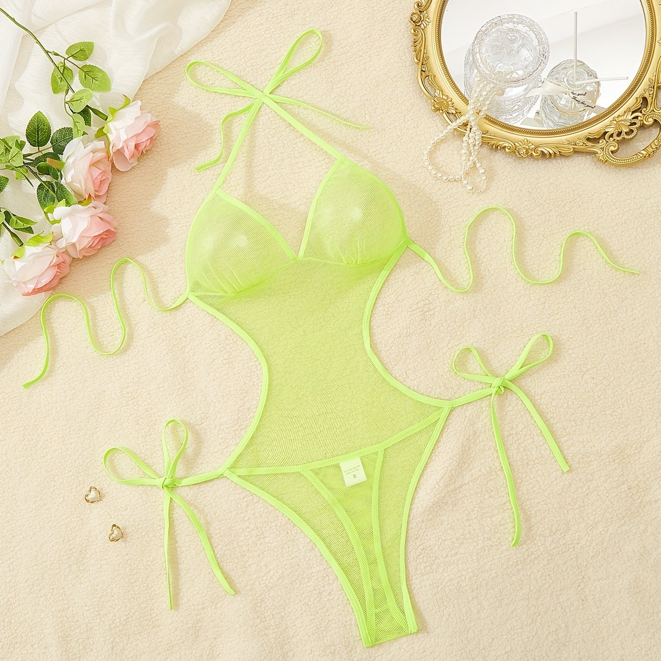 Women's Lace-Up Backless Bodysuit for Women Sexy Nightwear Black S M